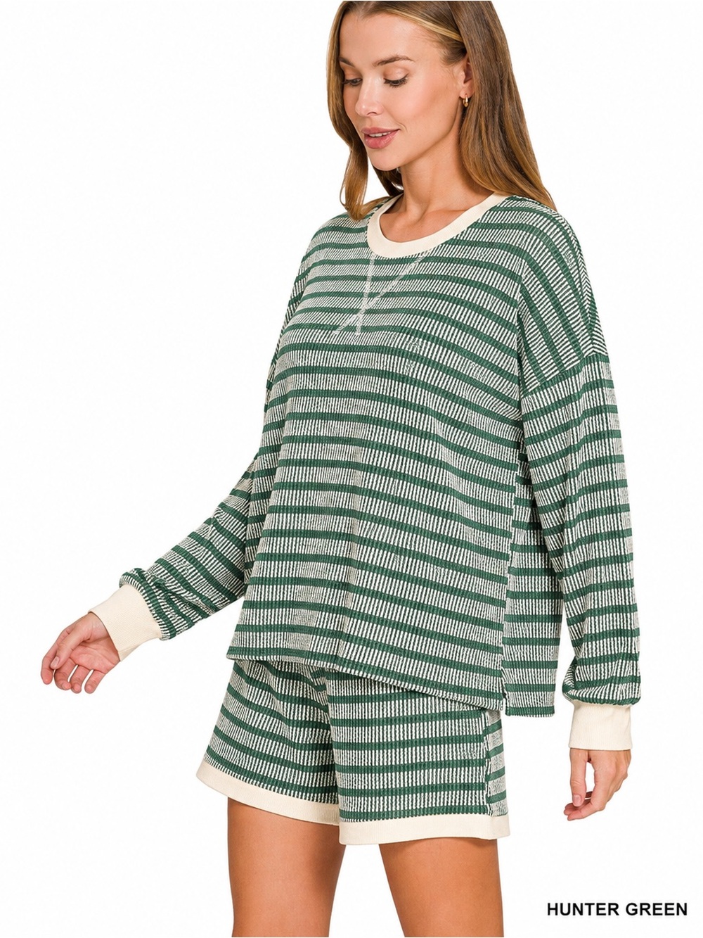 Raised Rib Striped Pullover & Shorts Set – Hunter Green Small